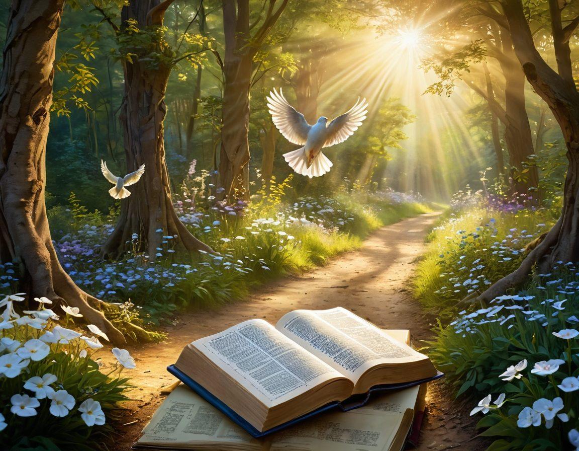 A serene landscape depicting a winding path through a lush forest bathed in soft, golden light, symbolizing the journey of love and compassion. In the foreground, an open Bible with soft rays of light illuminating its pages, surrounded by blooming flowers. Ethereal figures of diverse people gently holding hands, conveying faithfulness and unity. Gentle doves soaring above, representing peace. painting. vibrant colors. ethereal lighting.