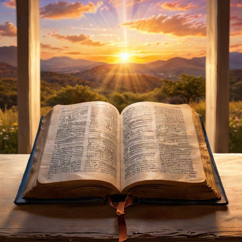 A serene landscape depicting an open Bible with glowing passages, surrounded by soft beams of light symbolizing divine love, gentle hearts intertwined above, and a tranquil backdrop of a sunrise casting warm colors on the scene. A couple holding hands in the foreground, representing affection and devotion in action. super-realistic. vibrant colors. ethereal glow.